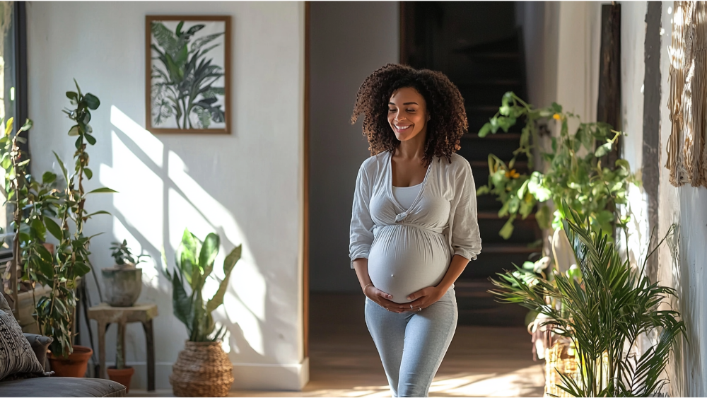 A pregnant woman walking through her home