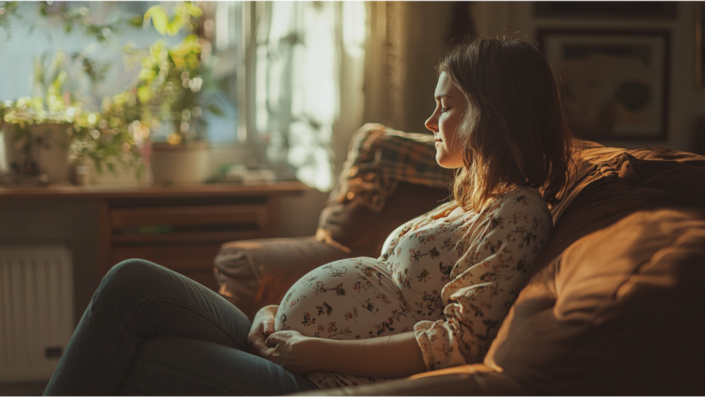 A pregnant woman in her home