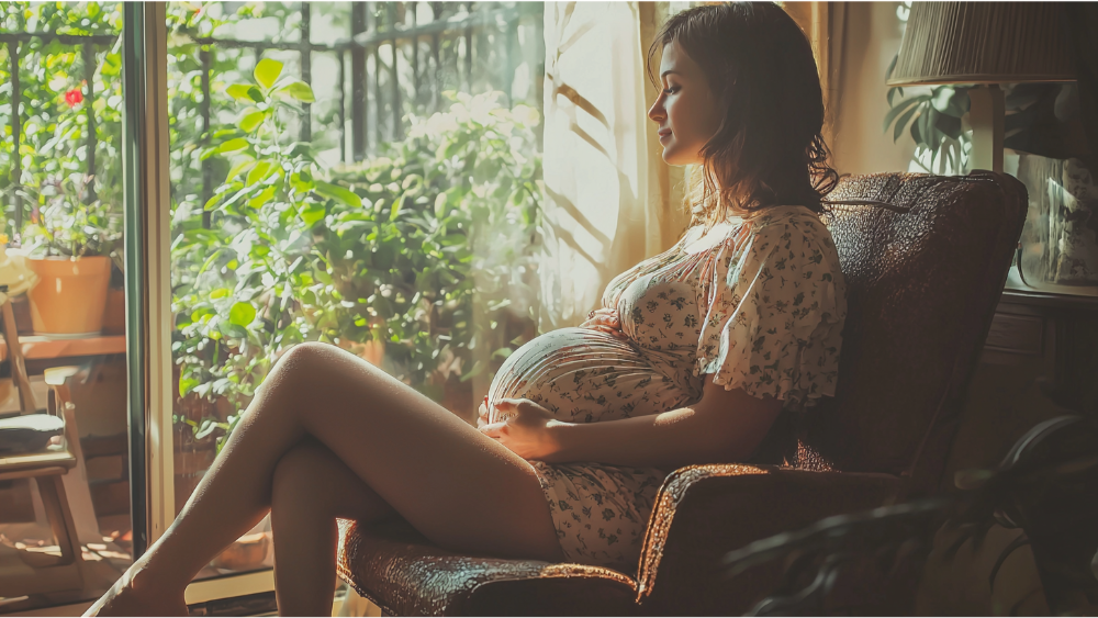 A pregnant woman in her home