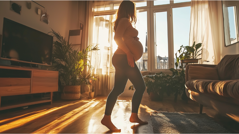 A pregnant woman in her home