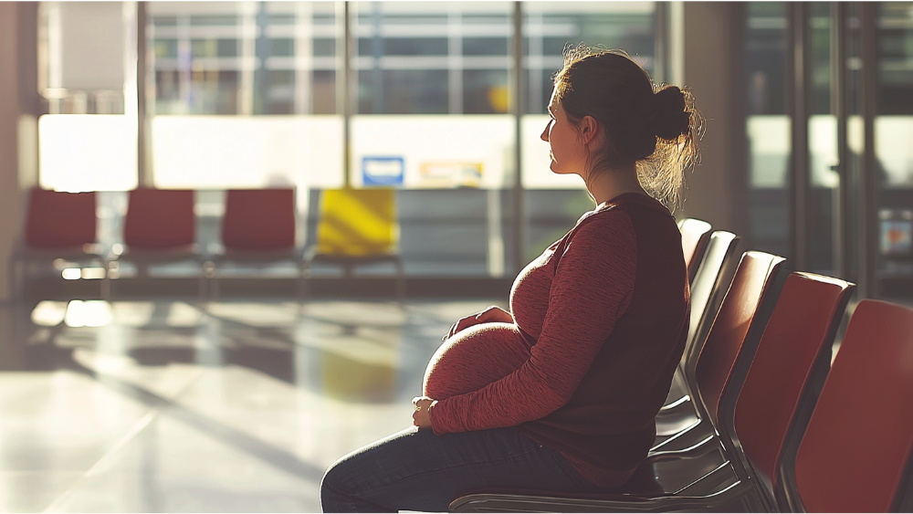 Pregnant woman sitting alone in a waiting area, holding her belly.