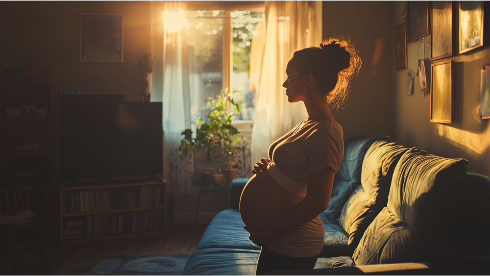 Pregnant woman standing in a living room at sunset, looking out the window.