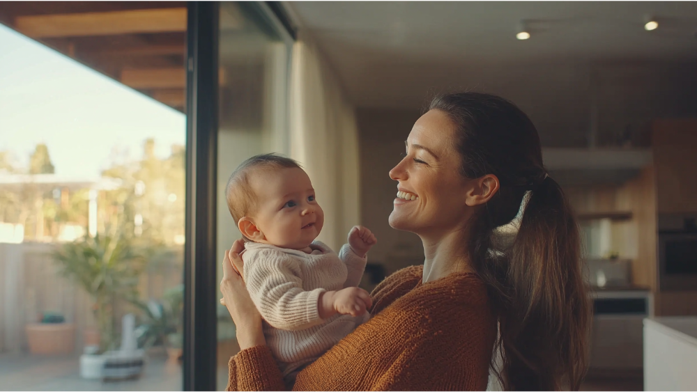 A woman holding her baby and smiling