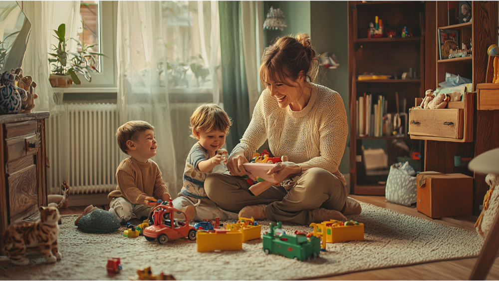 A woman playing with her children