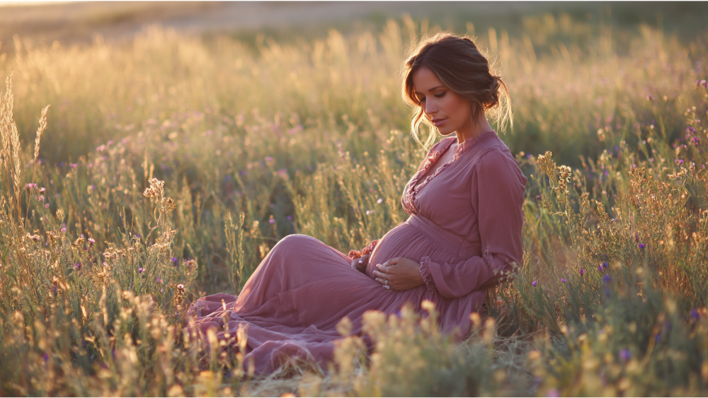 Expecting mother sitting in a wildflower field wearing a long dress during golden hour.