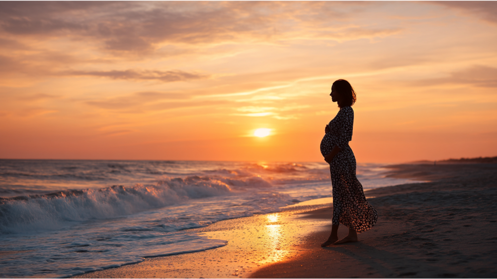 Silhouette of a pregnant woman standing on the beach at sunset, gazing at the ocean.