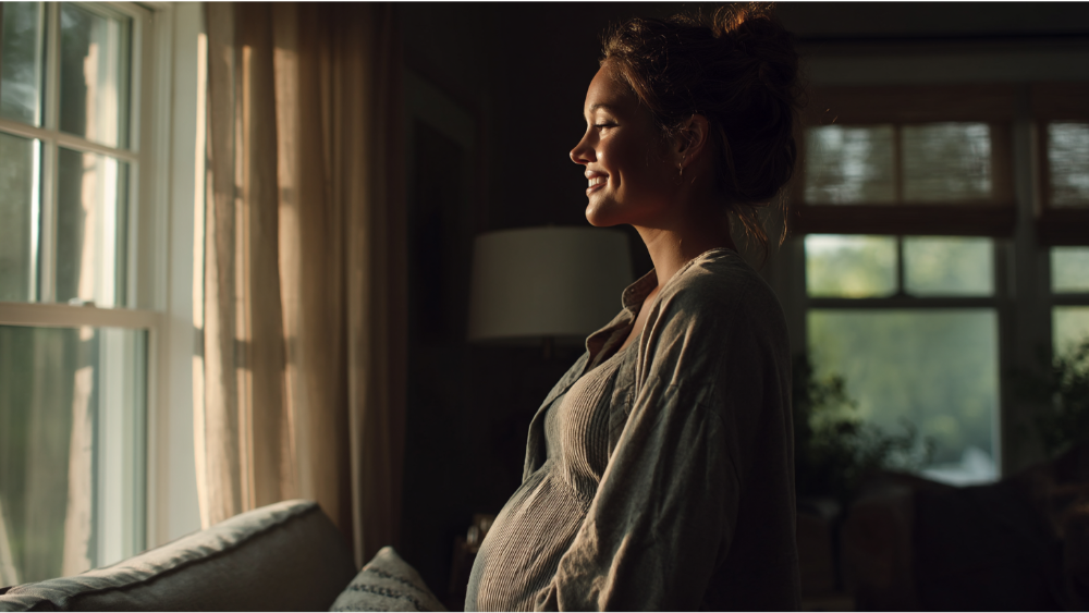 Pregnant woman smiling while looking out a window in a softly lit living room.