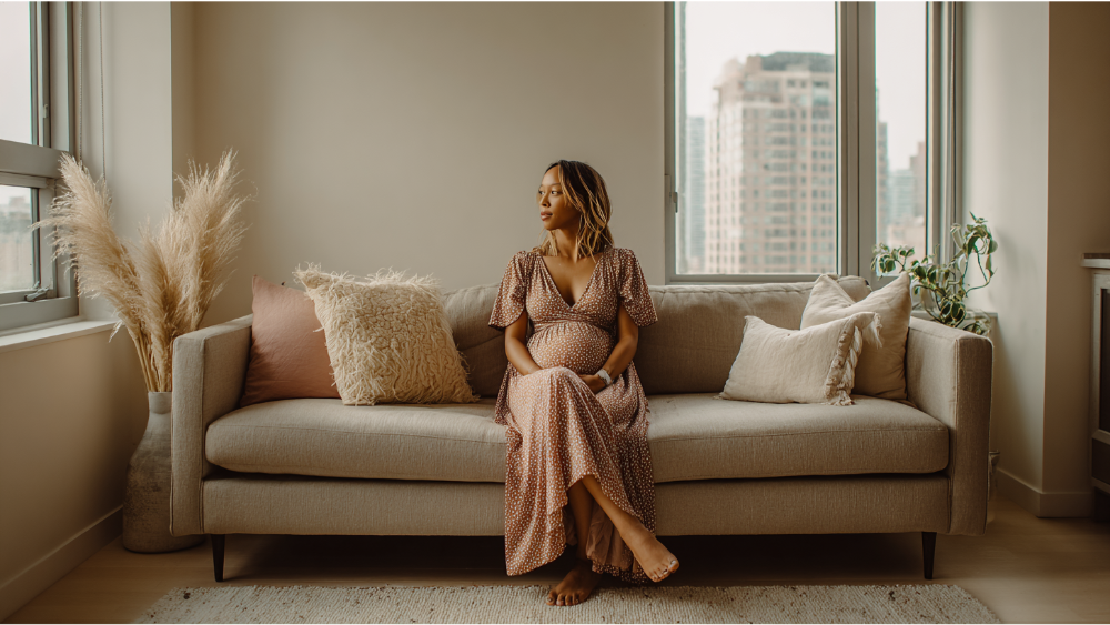 A pregnant woman sitting on a modern beige couch in a bright urban apartment with large windows and city views.