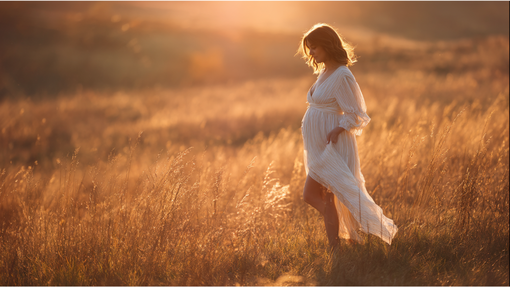 A pregnant woman walking through a sunlit field wearing a flowing white dress during golden hour.