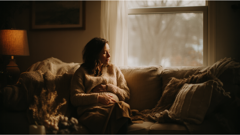 A pregnant woman sitting on a cozy couch indoors, wrapped in warm knitwear, looking out the window thoughtfully.