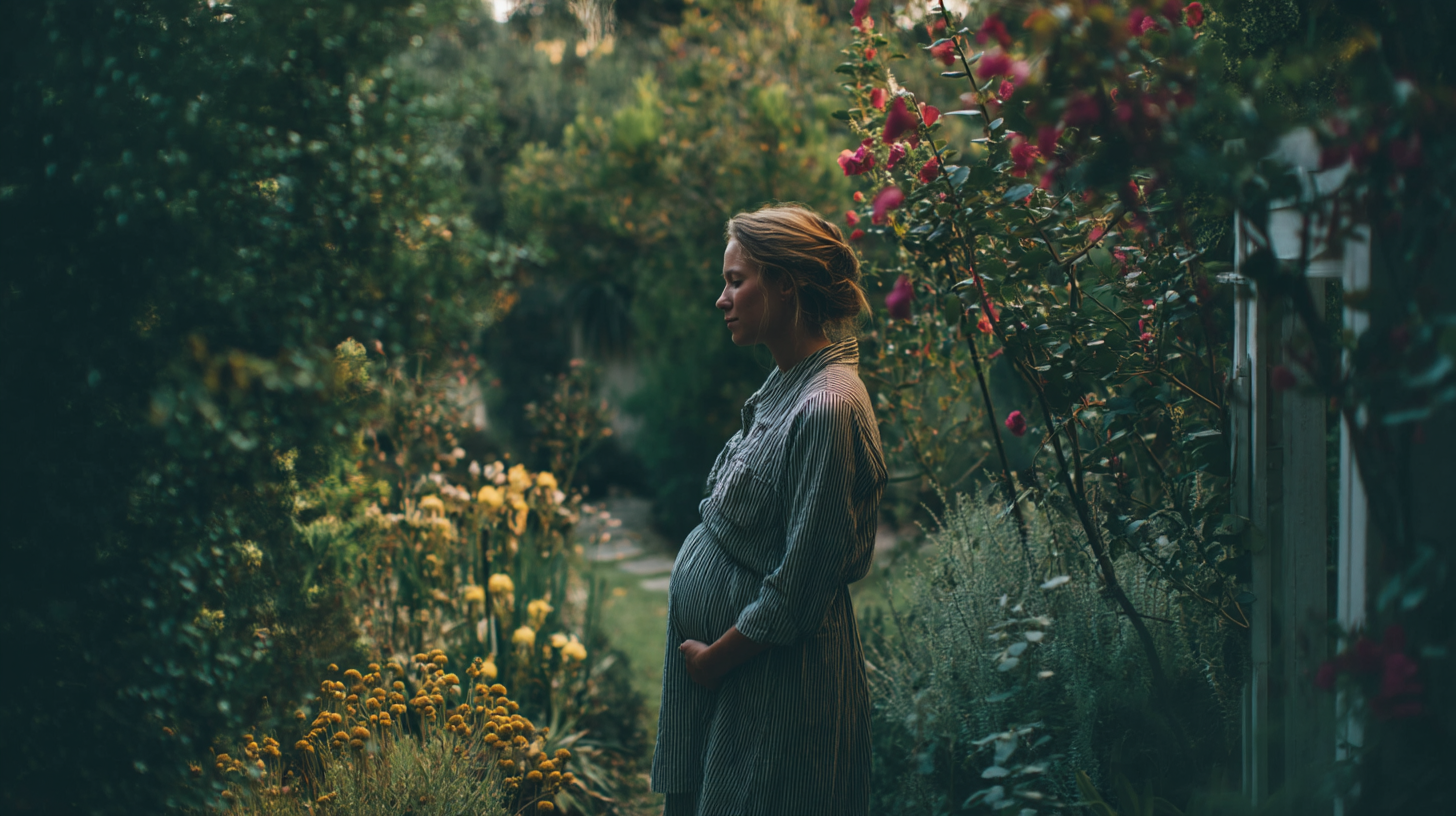 Pregnant woman in everyday dress standing in a flower garden