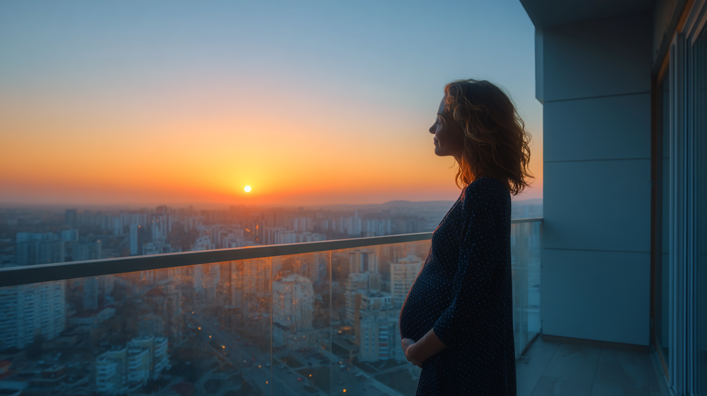 Pregnant woman on apartment balcony watching city sunset