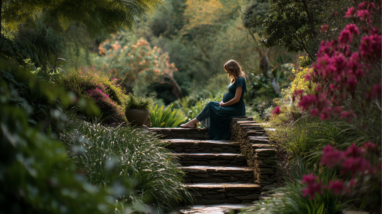 Pregnant woman seated on stone garden steps with flowers around