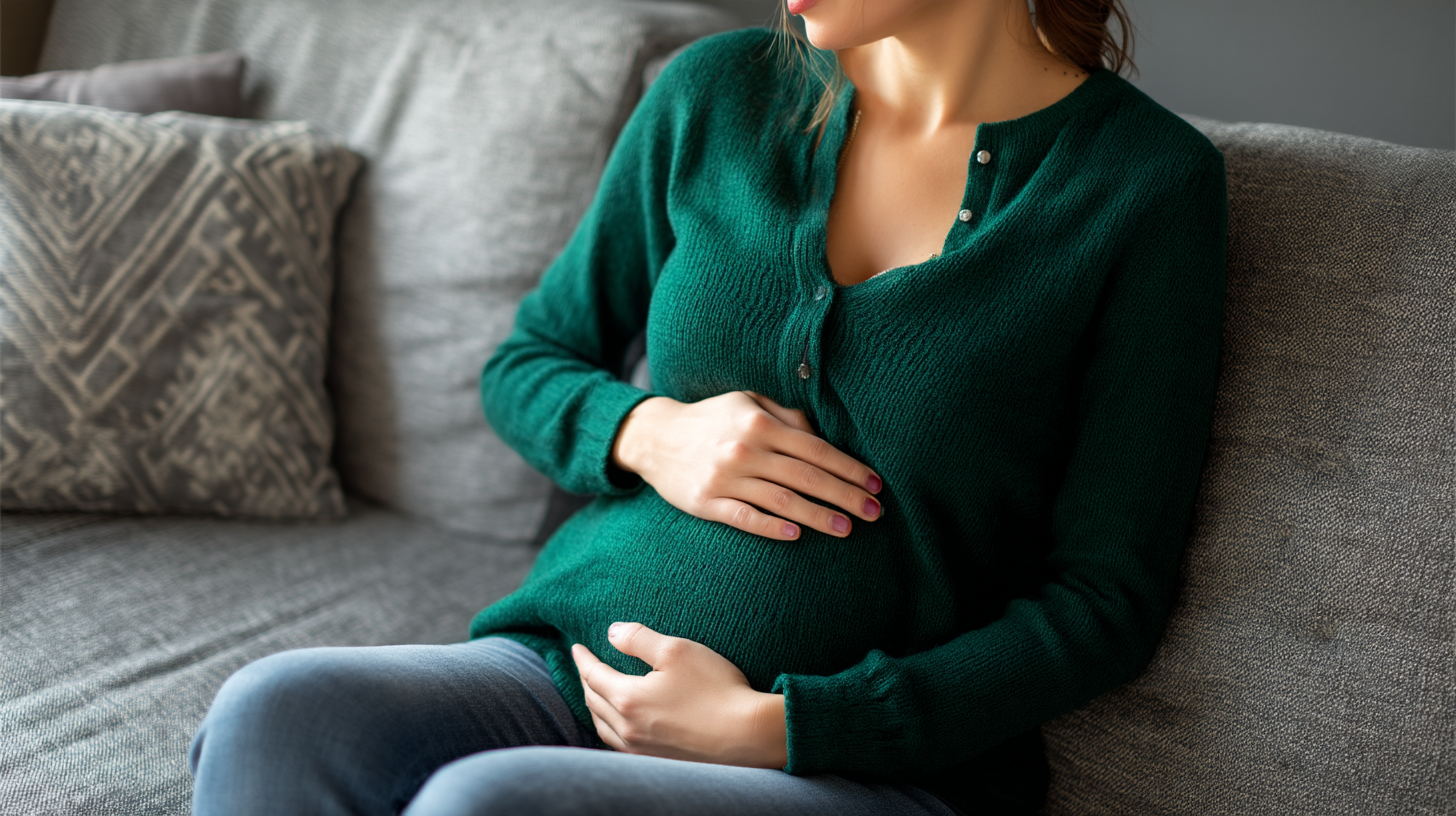 Pregnant woman sitting on sofa with hands on belly