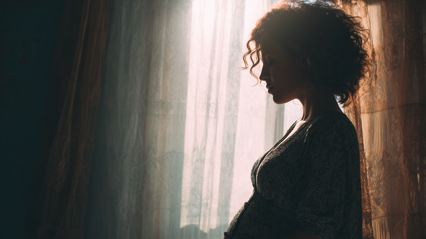 Pregnant woman standing in daylight by curtain at home
