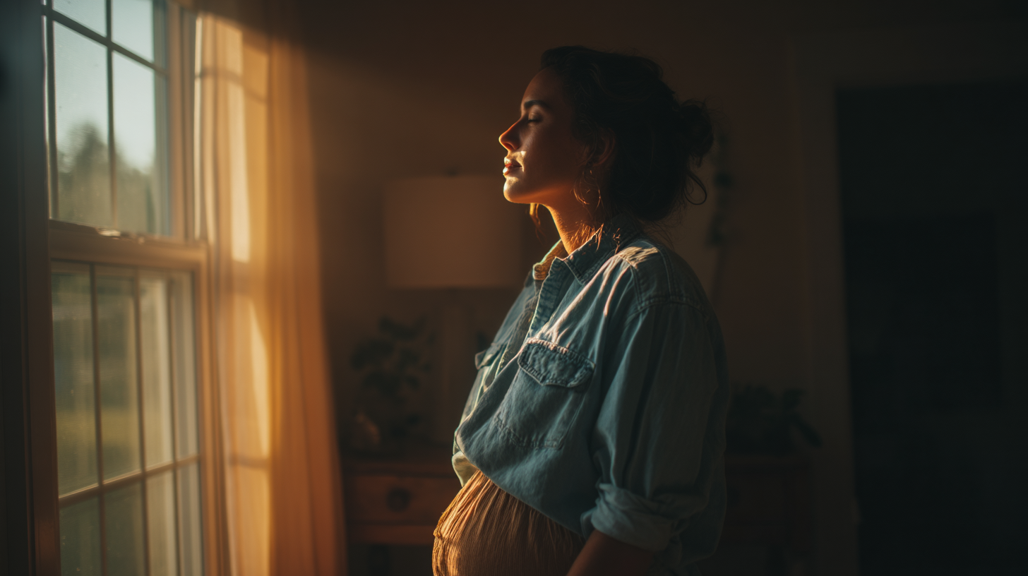Pregnant woman standing indoors near window in soft light