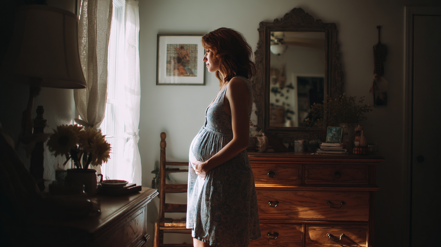 Pregnant woman standing in softly lit bedroom near window