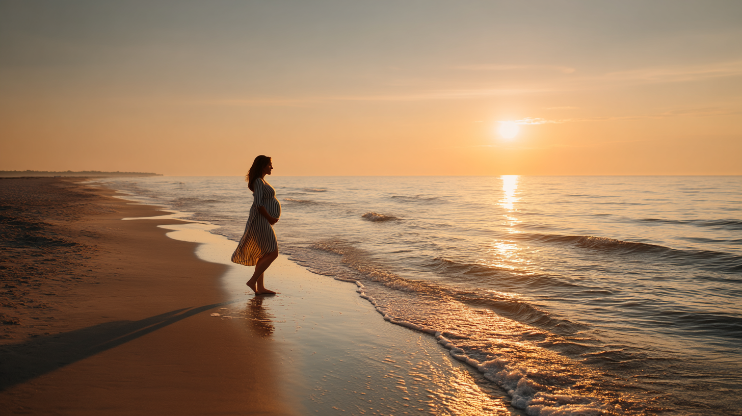 Pregnant woman walking barefoot along beach at sunset
