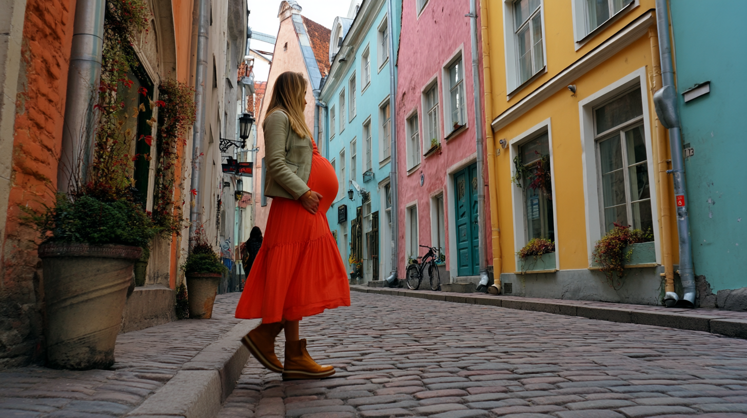Pregnant woman walking down cobblestone street in bright dress
