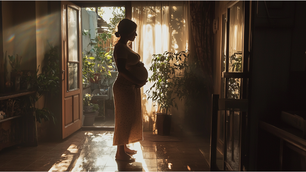 A surrogate mother standing in her home