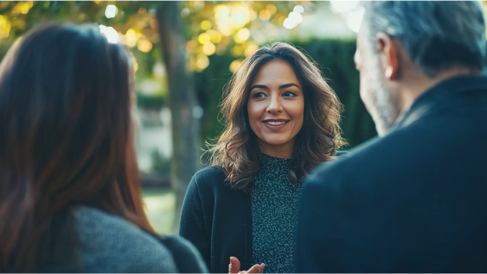 A woman talking to a couple