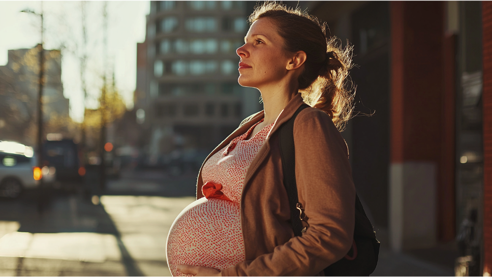 A pregnant woman walking around town