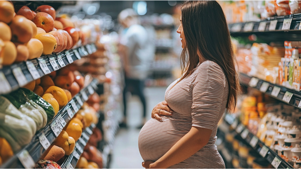 A pregnant woman at the grocery store