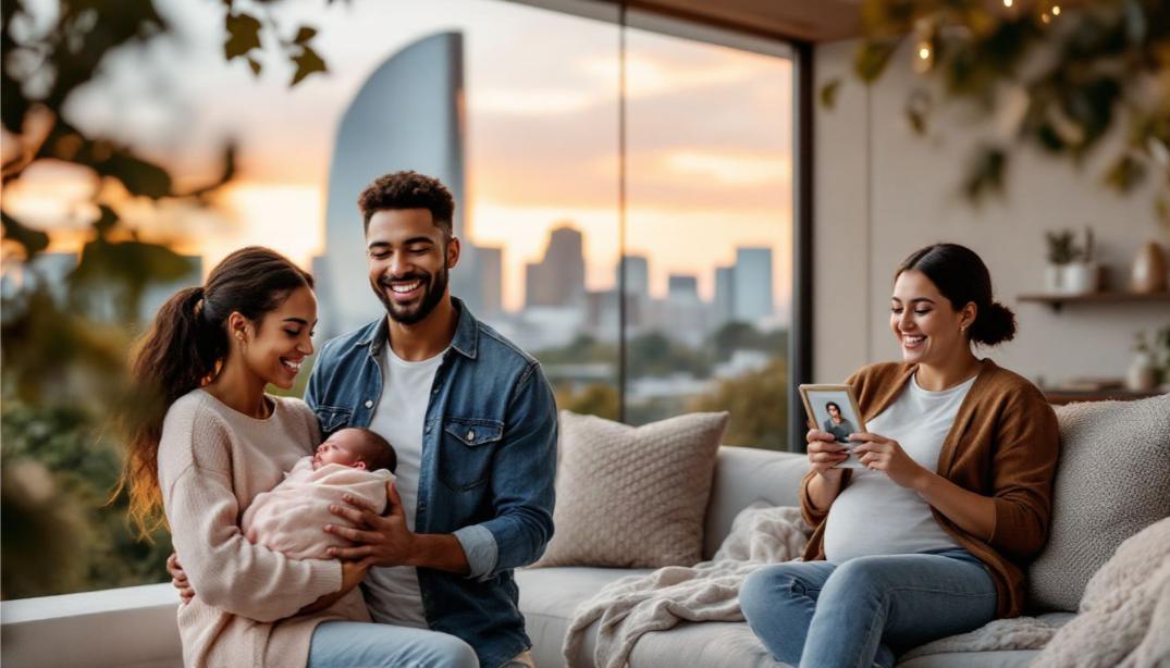 smiling parents holding their surrogate child, and pregnant surrogate mother sitting on sofa, thanks to Made in the USA Surrogacy agency in California