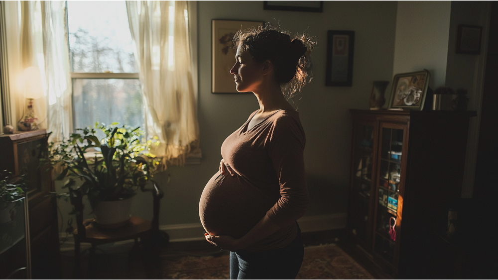 A pregnant woman in her home