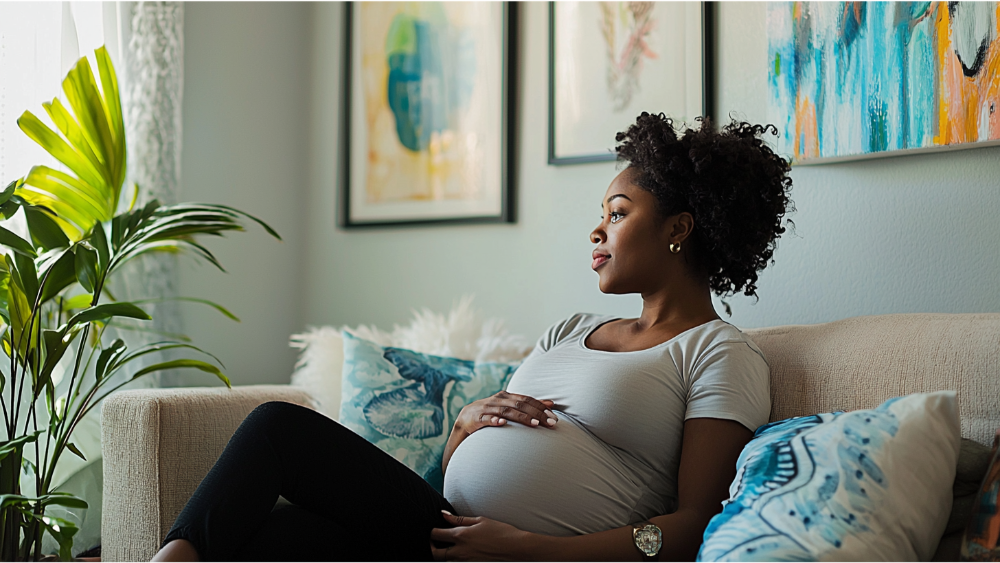 a pregnant woman sitting on the couch