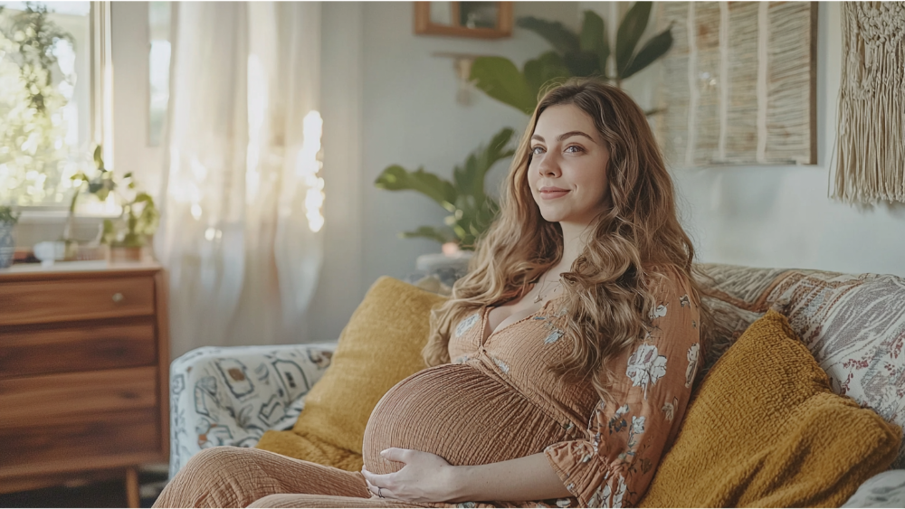 a pregnant surrogate sitting on the couch