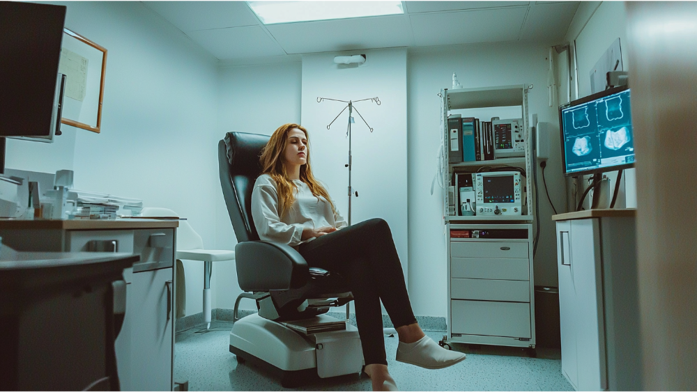 a woman sitting in a chair at the doctors office