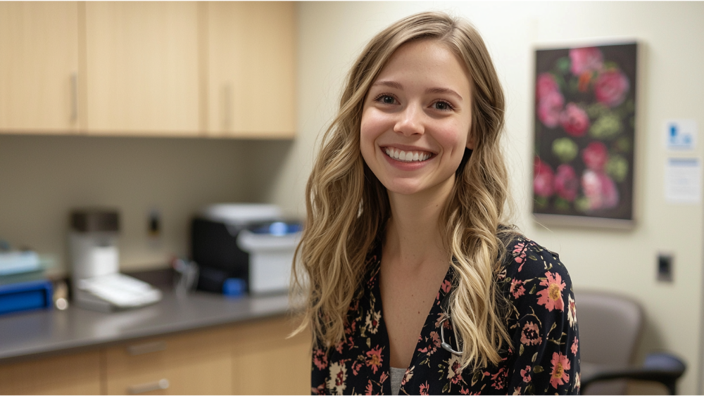 a young woman smiling in the doctors office