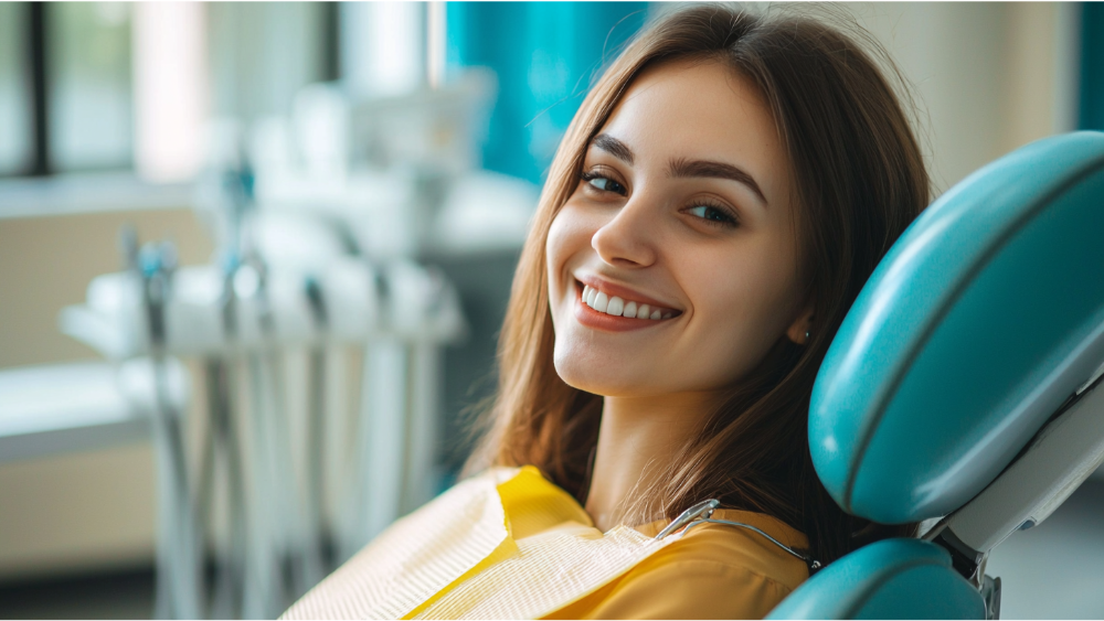 A young woman sitting in a doctors chair smiling