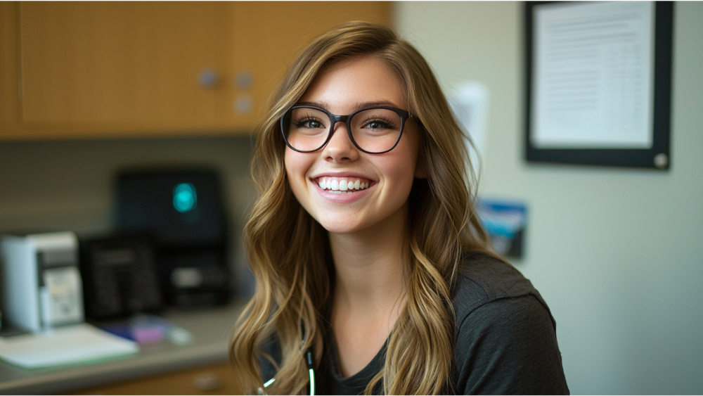 A young woman smiling in a doctors office