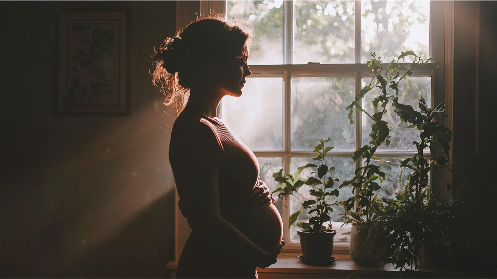 A backlit image of a pregnant woman standing quietly by a window with potted plants, gently cradling her belly in a serene atmosphere.