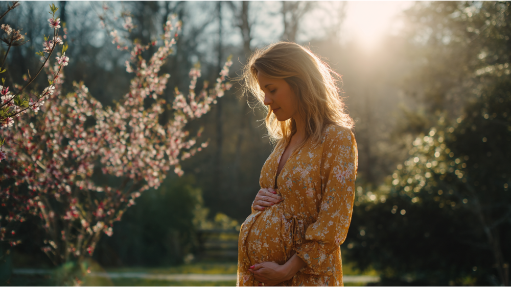 Pregnant woman standing in a garden during golden hour, gently holding her belly near blooming flowers.