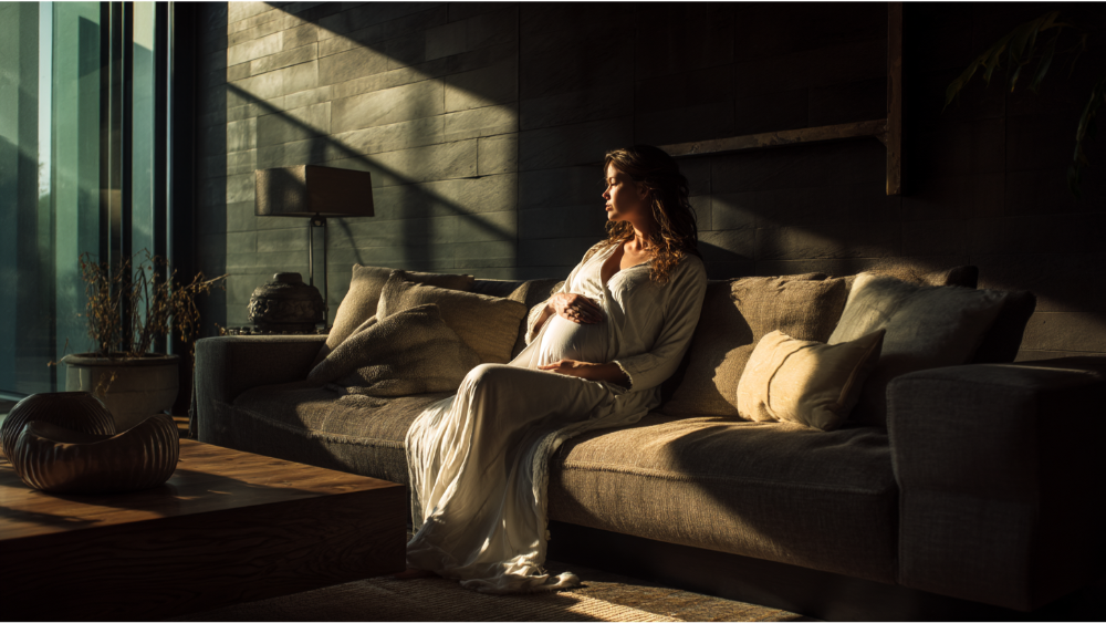 A serene moment as a woman in a flowing dress cradles her belly while seated on a modern sofa, illuminated by soft, natural light streaming through tall windows.