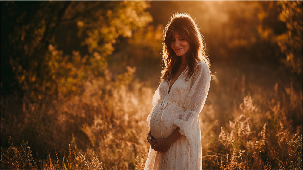 A pregnant woman standing in a golden field at sunset, smiling gently while holding her belly.
