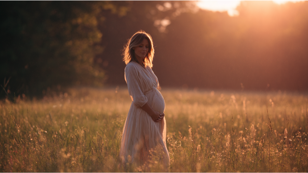 A pregnant woman standing in a sunlit field at golden hour, wearing a light flowing dress and cradling her belly.