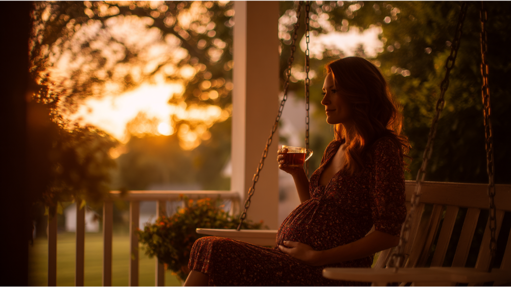 A pregnant woman sitting on a porch swing at sunset, holding a glass and looking peaceful.