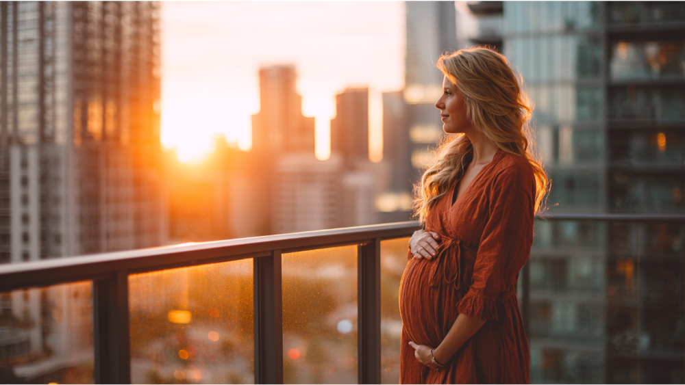 A pregnant woman standing on a city balcony at sunset, gently holding her belly while gazing at the skyline.