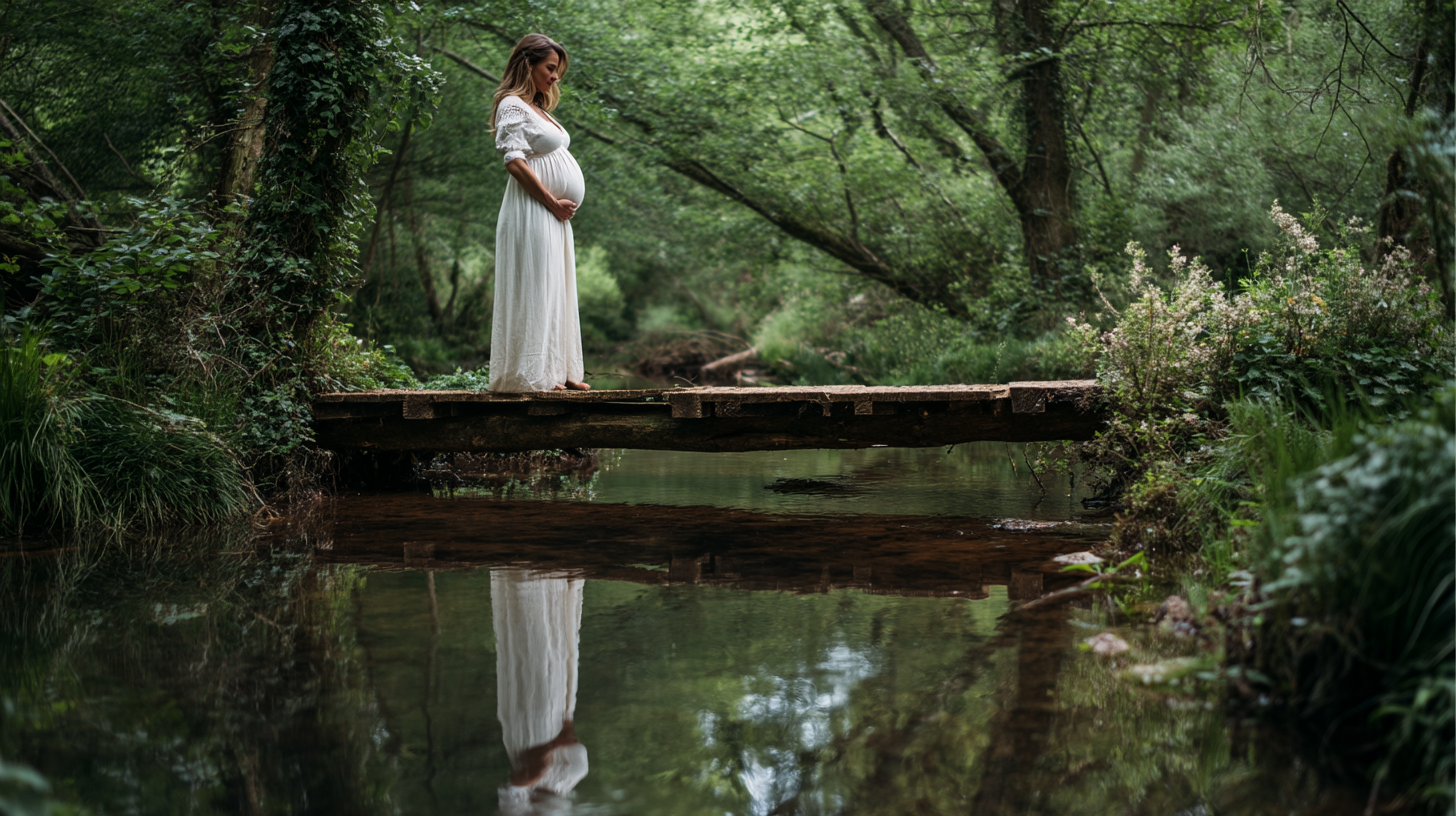 contentcreationteamkova pregnant woman on a rustic wooden bridg a871c895 3cdf 4256 8769 420ecbe170cd