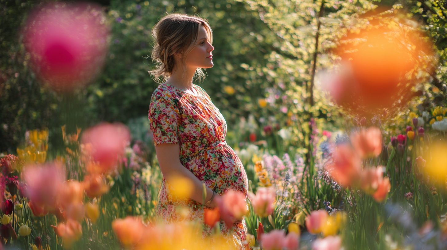 contentcreationteamkova pregnant woman standing in a blooming f fffa640e d0ee 4061 bb4d 8225e7c869e4